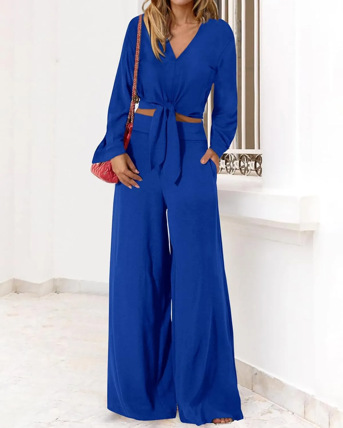 PRETTYGARDEN Women's 2 Piece Outfits 2025 Spring Casual V Neck Long Sleeve Strappy Crop Top Wide Leg Palazzo Pant Sets
