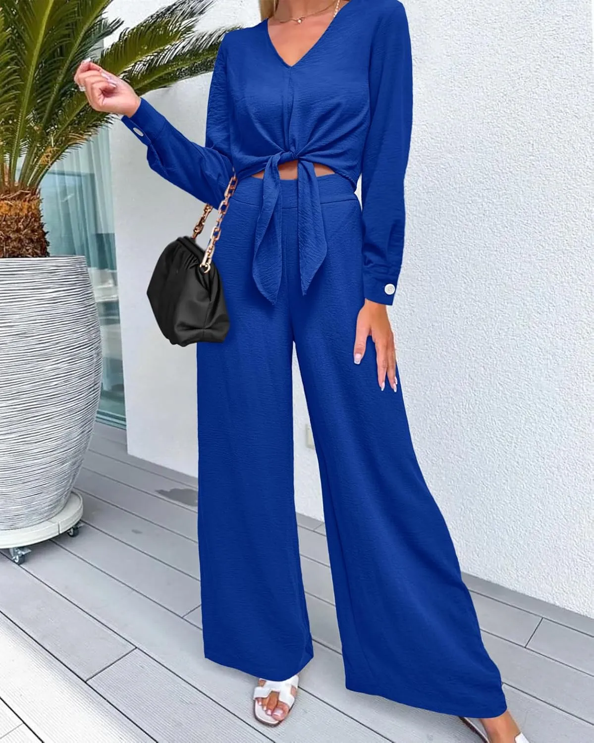 PRETTYGARDEN Women's 2 Piece Outfits 2025 Spring Casual V Neck Long Sleeve Strappy Crop Top Wide Leg Palazzo Pant Sets
