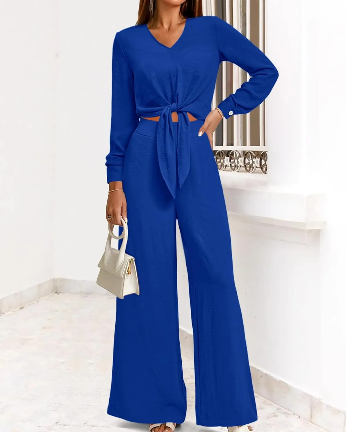 PRETTYGARDEN Women's 2 Piece Outfits 2025 Spring Casual V Neck Long Sleeve Strappy Crop Top Wide Leg Palazzo Pant Sets