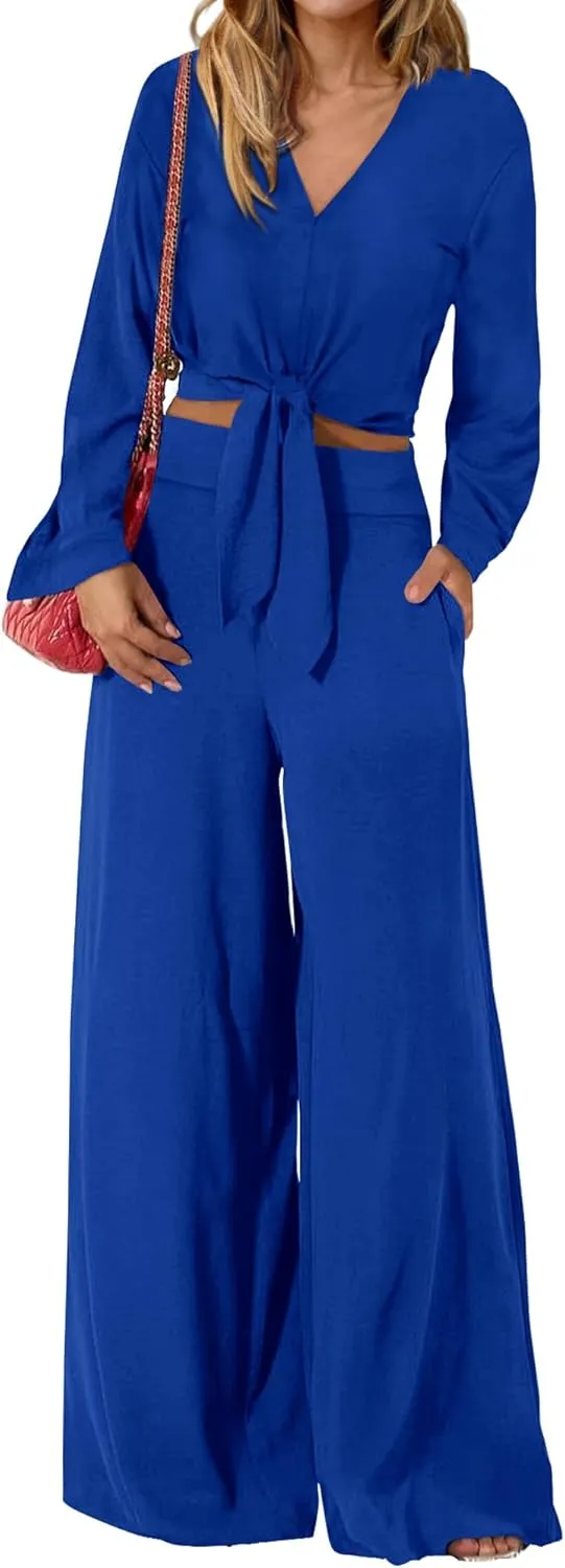 PRETTYGARDEN Women's 2 Piece Outfits 2025 Spring Casual V Neck Long Sleeve Strappy Crop Top Wide Leg Palazzo Pant Sets