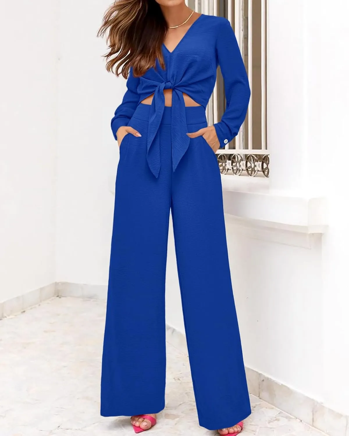 PRETTYGARDEN Women's 2 Piece Outfits 2025 Spring Casual V Neck Long Sleeve Strappy Crop Top Wide Leg Palazzo Pant Sets
