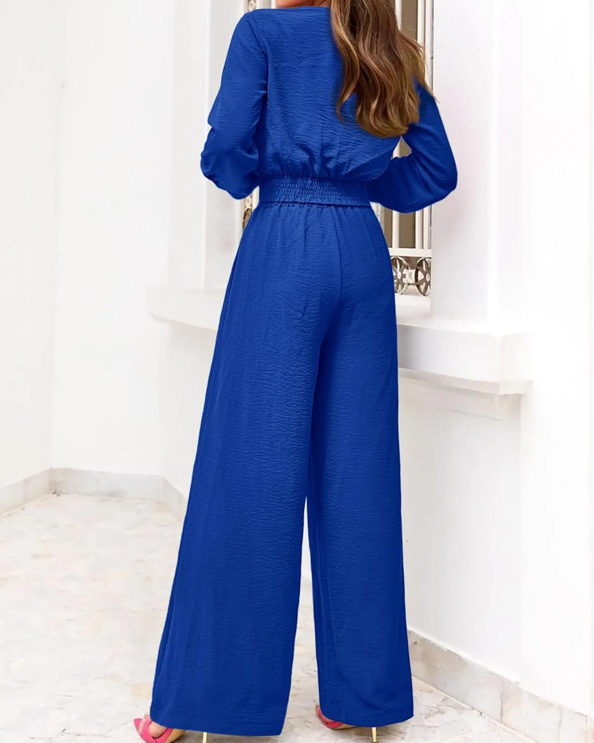 PRETTYGARDEN Women's 2 Piece Outfits 2025 Spring Casual V Neck Long Sleeve Strappy Crop Top Wide Leg Palazzo Pant Sets