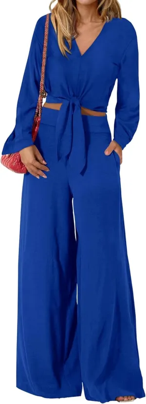 PRETTYGARDEN Women's 2 Piece Outfits 2025 Spring Casual V Neck Long Sleeve Strappy Crop Top Wide Leg Palazzo Pant Sets