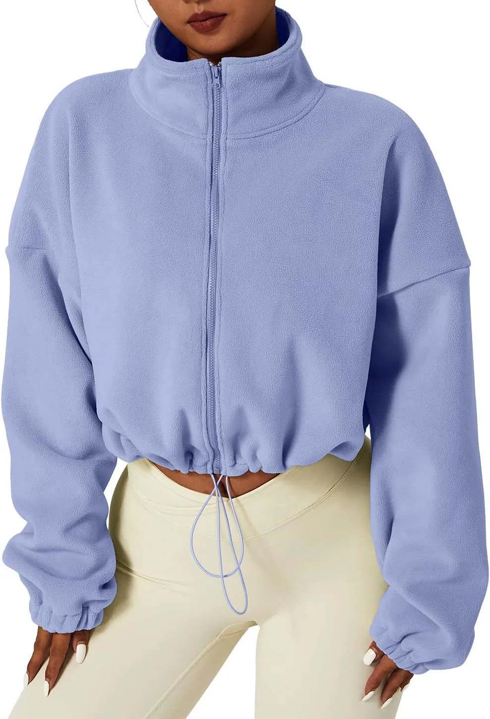 QINSEN Women's Full Zip Fleece Short Jacket Warm Winter Long Sleeve Stand Collar Sherpa Crop Coat