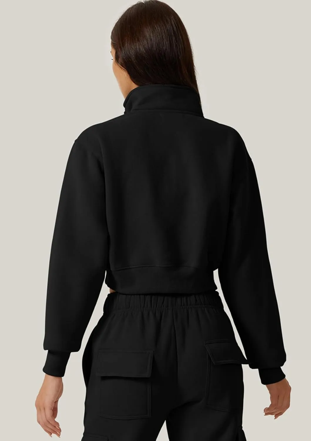 QINSEN Womens Half Zip Crop Sweatshirt High Neck Long Sleeve Pullover Cropped Top