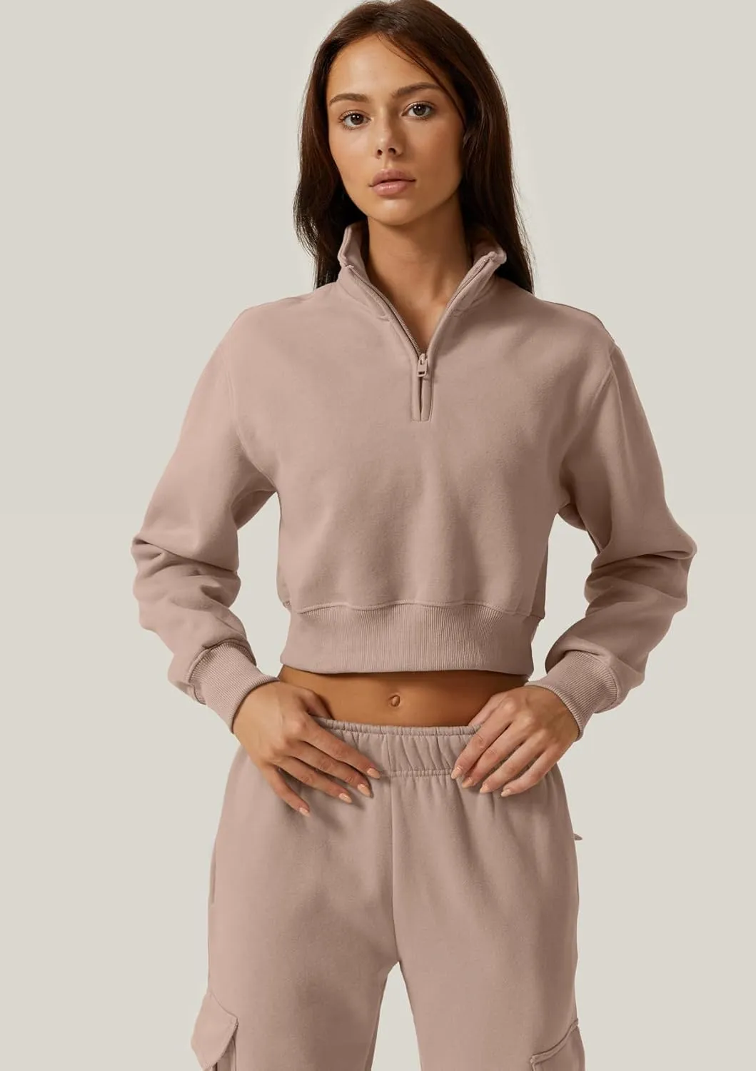 QINSEN Womens Half Zip Crop Sweatshirt High Neck Long Sleeve Pullover Cropped Top