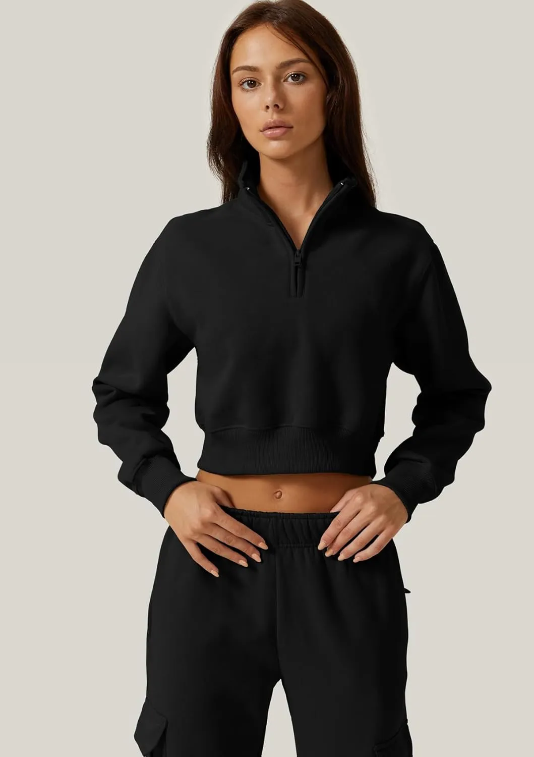 QINSEN Womens Half Zip Crop Sweatshirt High Neck Long Sleeve Pullover Cropped Top