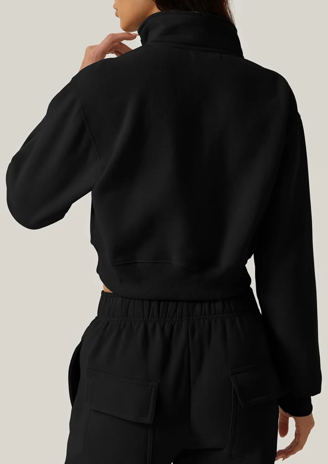 QINSEN Womens Half Zip Crop Sweatshirt High Neck Long Sleeve Pullover Cropped Top
