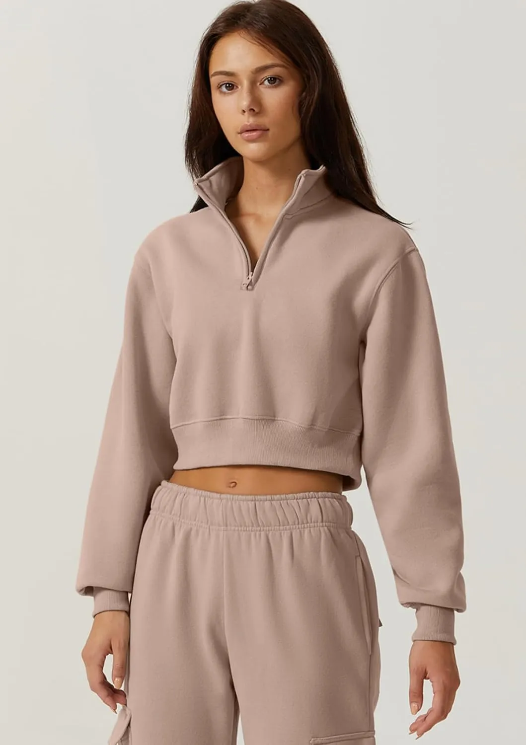 QINSEN Womens Half Zip Crop Sweatshirt High Neck Long Sleeve Pullover Cropped Top