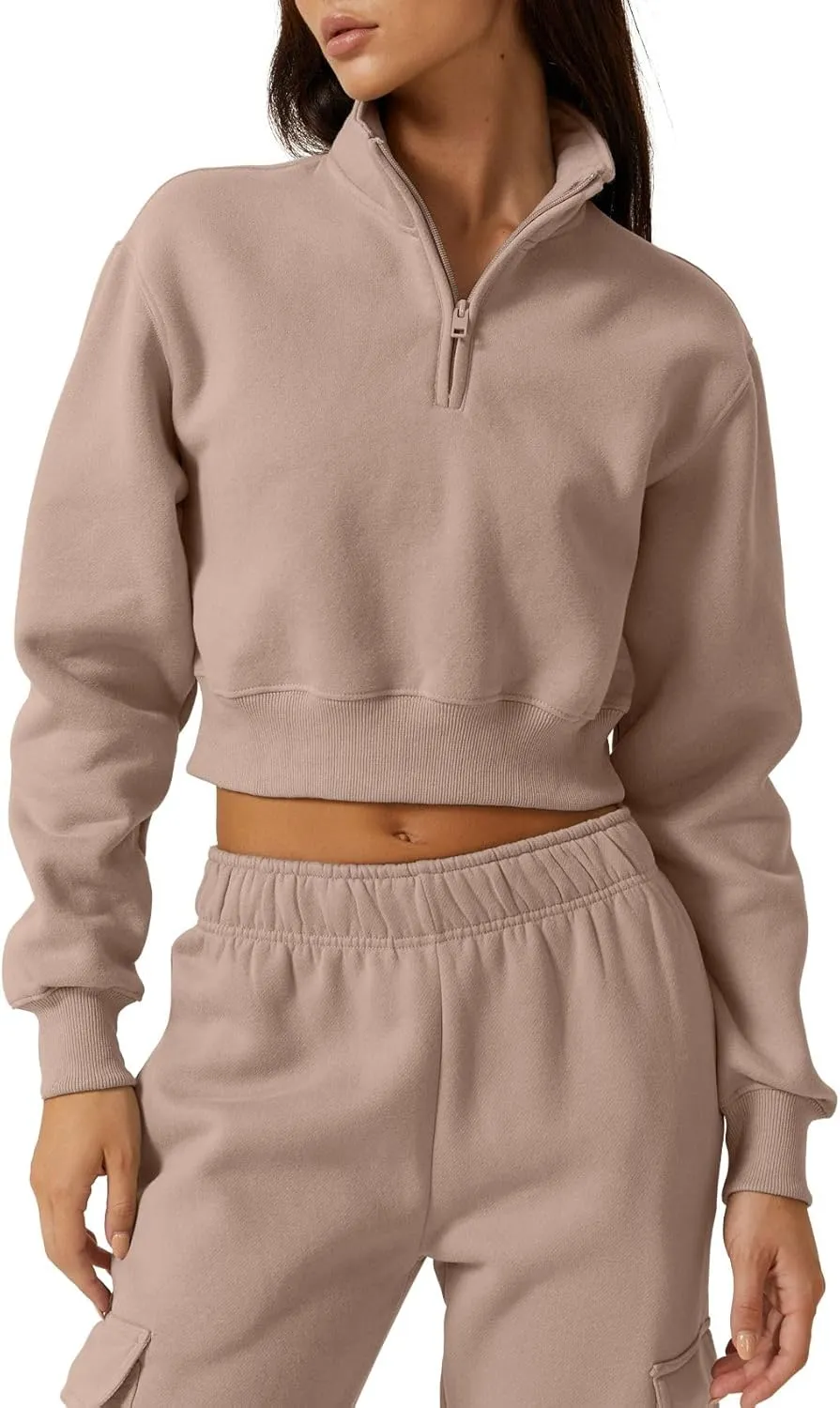 QINSEN Womens Half Zip Crop Sweatshirt High Neck Long Sleeve Pullover Cropped Top