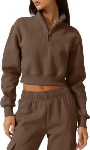 QINSEN Womens Half Zip Crop Sweatshirt High Neck Long Sleeve Pullover Cropped Top