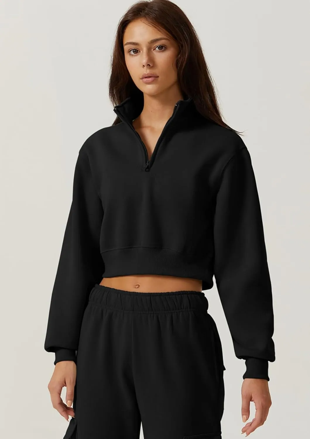 QINSEN Womens Half Zip Crop Sweatshirt High Neck Long Sleeve Pullover Cropped Top