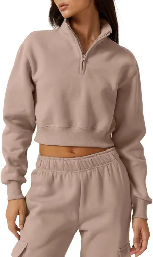 QINSEN Womens Half Zip Crop Sweatshirt High Neck Long Sleeve Pullover Cropped Top