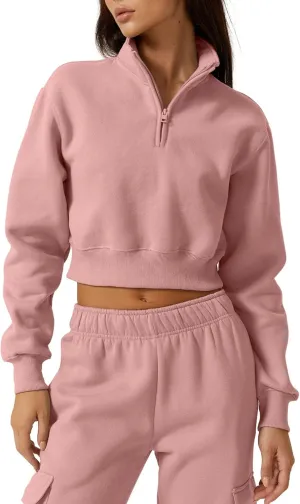 QINSEN Womens Half Zip Crop Sweatshirt High Neck Long Sleeve Pullover Cropped Top