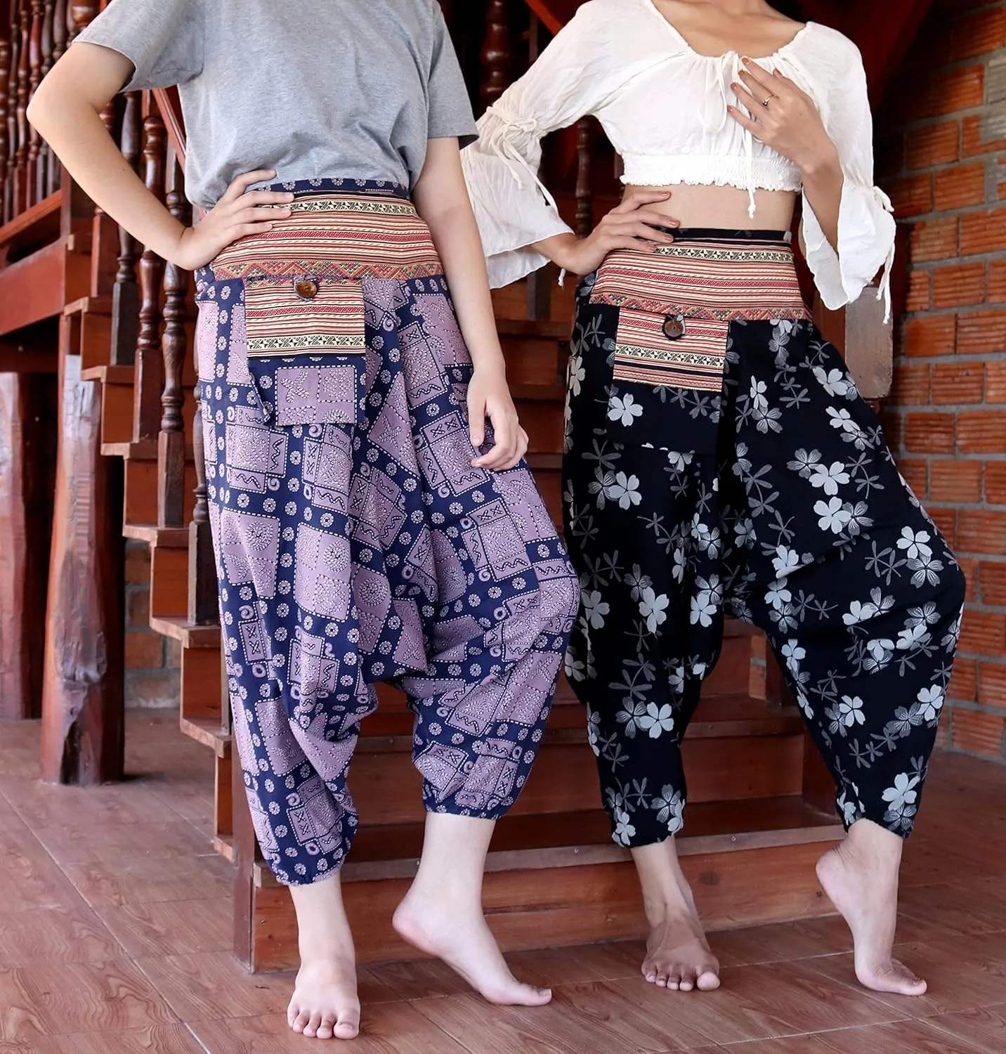 RaanPahMuang Premium Cotton Yoga Harem, Boho Pants for Women, with Side Pocket, Hippy Baggy Tribe Pants