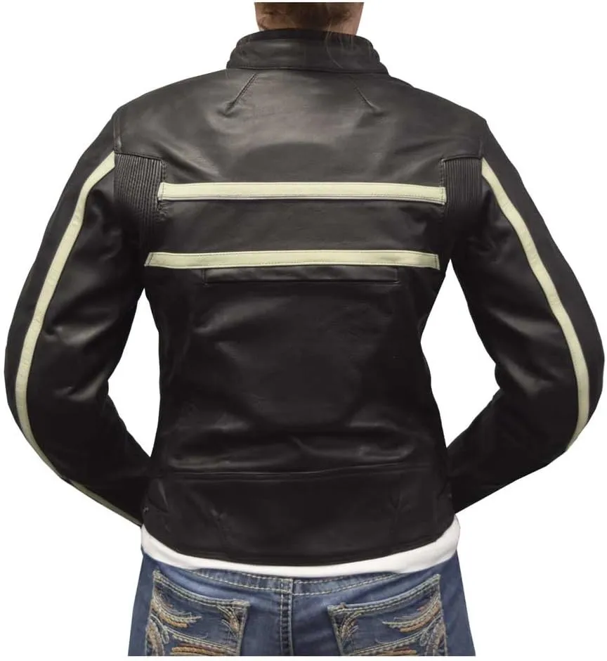 Redline Women's Naked Goat Skin Striped Racing Jacket, Black & White L-2402
