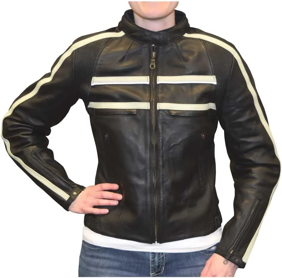 Redline Women's Naked Goat Skin Striped Racing Jacket, Black & White L-2402