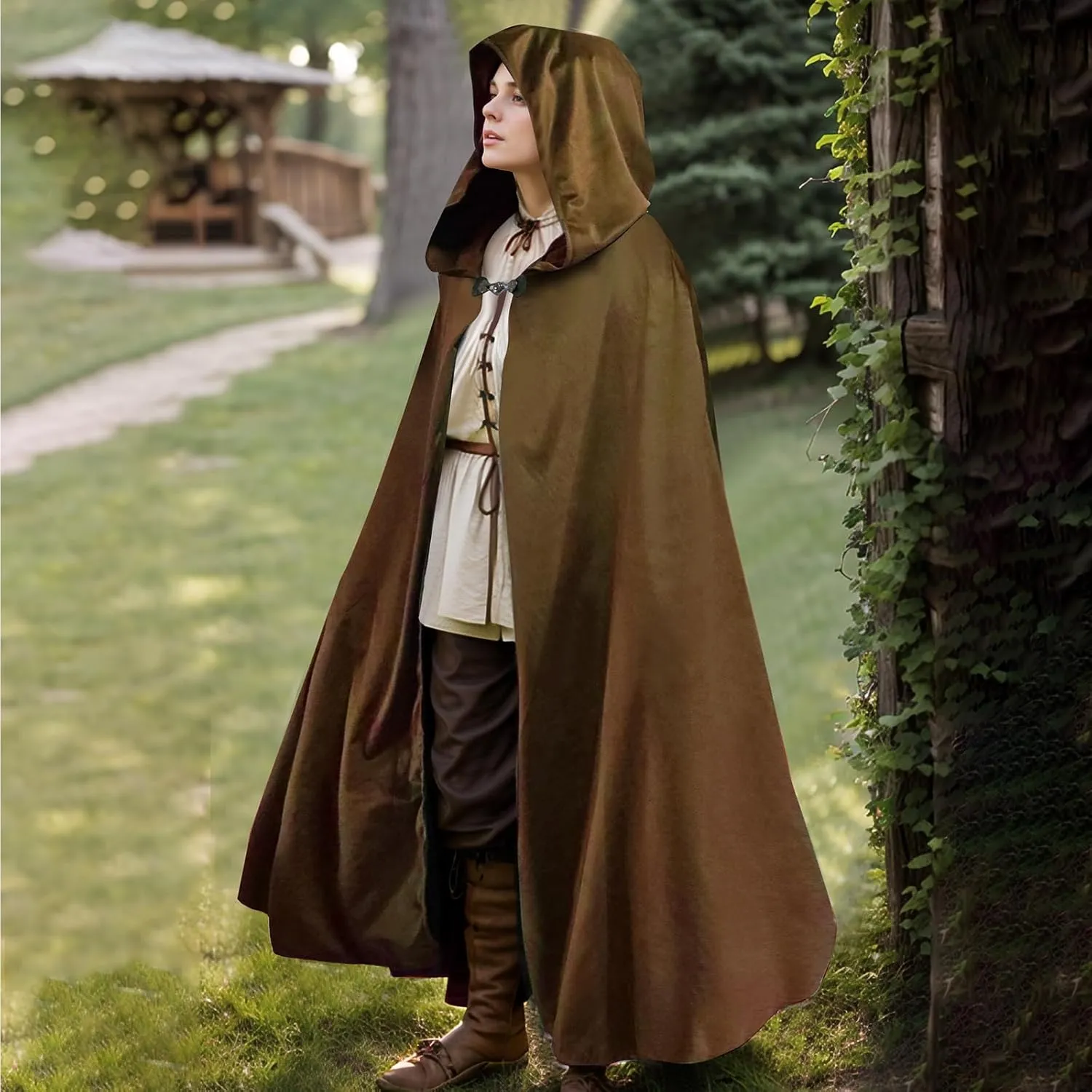 Renaissance Cloak with Hood Men Women,Medieval Velvet Cape Hobbit Halloween Costume Cosplay Wizard Witch Cloak