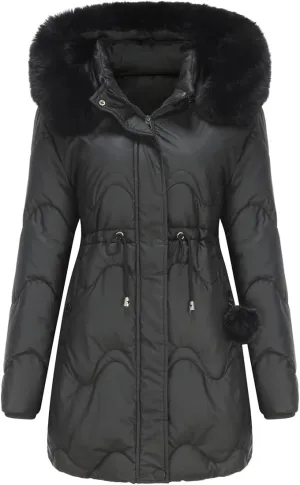 RONGTAI Women's Long Cotton Padded Winter Coat with Fur Hood, Warm Casual Jacket with Detachable Hat for Cold Weather