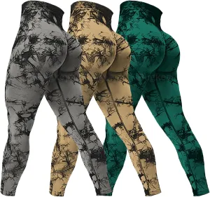 Rugkey Women's 3 Piece Yoga Leggings High Waist Tie Dye Seamless Scrunch Butt Lifting Athletic Booty Pants