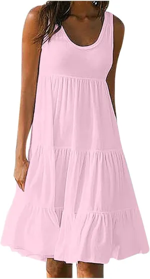 Ruziyoog Summer Casual Dresses for Women Sleeveless Mini Sundress Loose Flowy Swing Tank Dress Tiered Beach Cover Ups