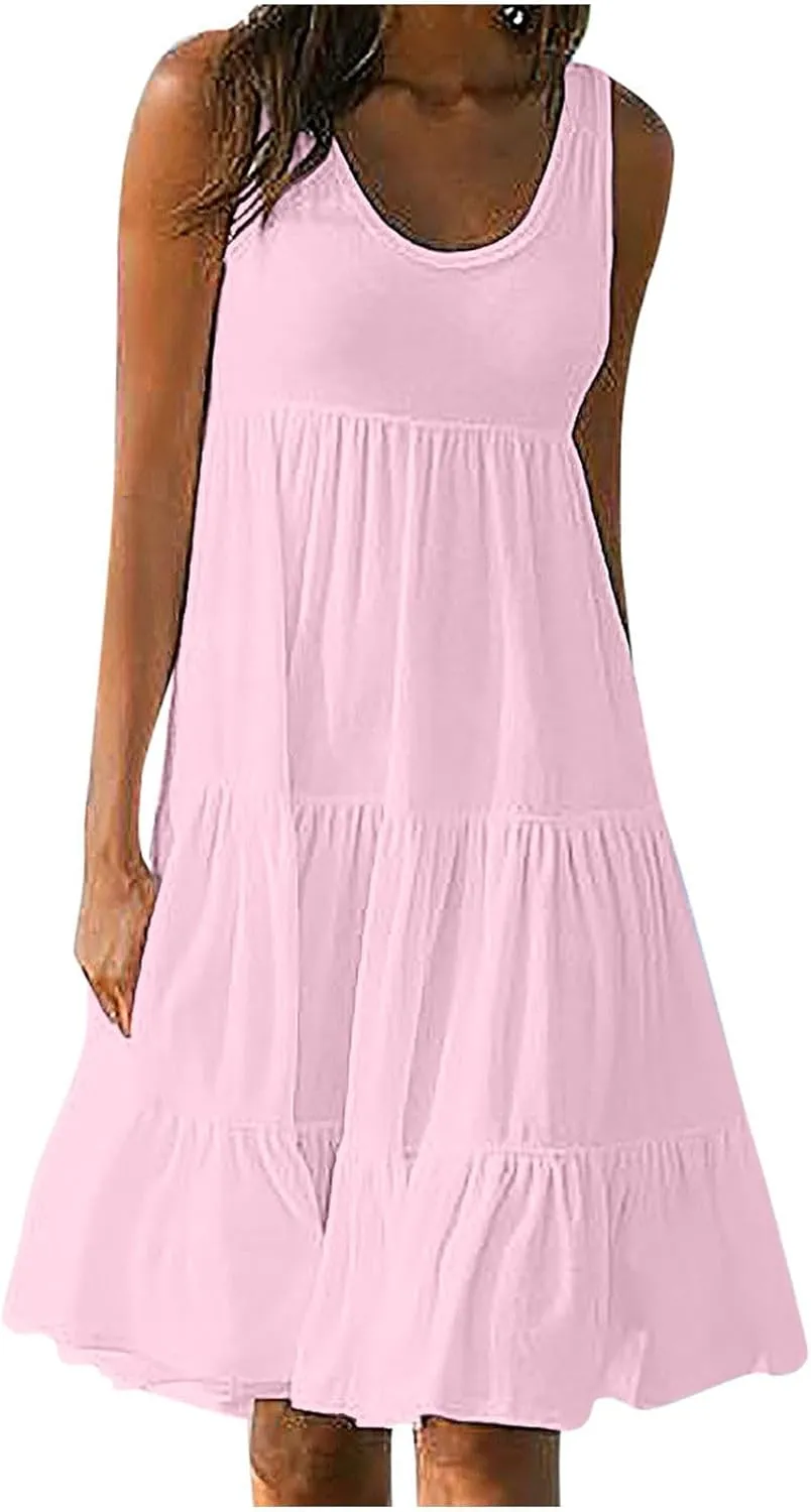 Ruziyoog Summer Casual Dresses for Women Sleeveless Mini Sundress Loose Flowy Swing Tank Dress Tiered Beach Cover Ups