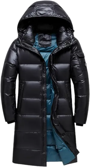 SaoBiiu Men's Down Jacket Long Thicken Warm Down Coat Winter Puffer Jacket Hooded Parka Black Outwear