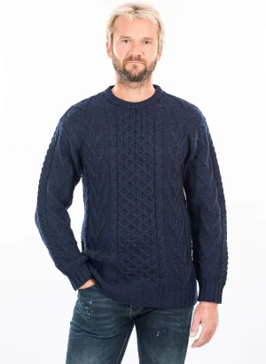 SAOL 100% Merino Wool Men's Irish Traditional Aran Crew Neck Cable Knit Sweater Pullover