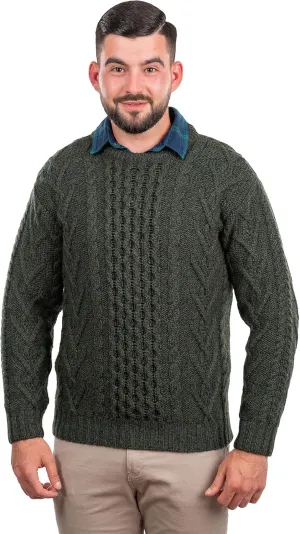 SAOL 100% Merino Wool Men's Irish Traditional Aran Crew Neck Cable Knit Sweater Pullover
