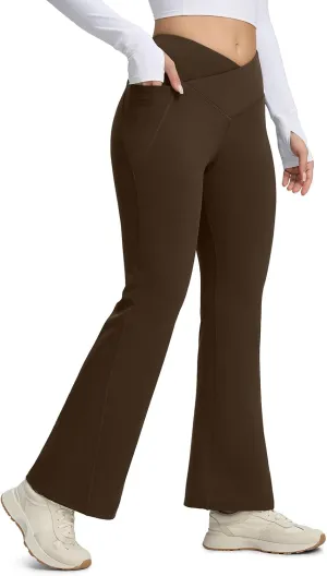 Seamaid Women's Fleece Lined Pants 30" Water Resistant Crossover Flare Leggings Winter Bell Bottom Yoga Pants with Pockets