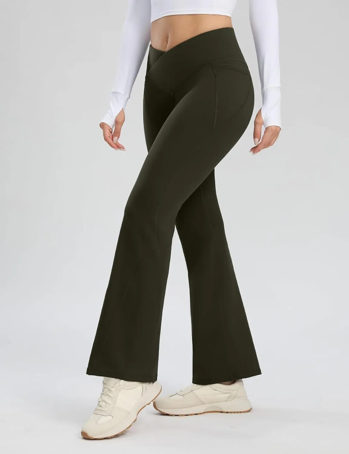 Seamaid Women's Fleece Lined Pants 30" Water Resistant Crossover Flare Leggings Winter Bell Bottom Yoga Pants with Pockets