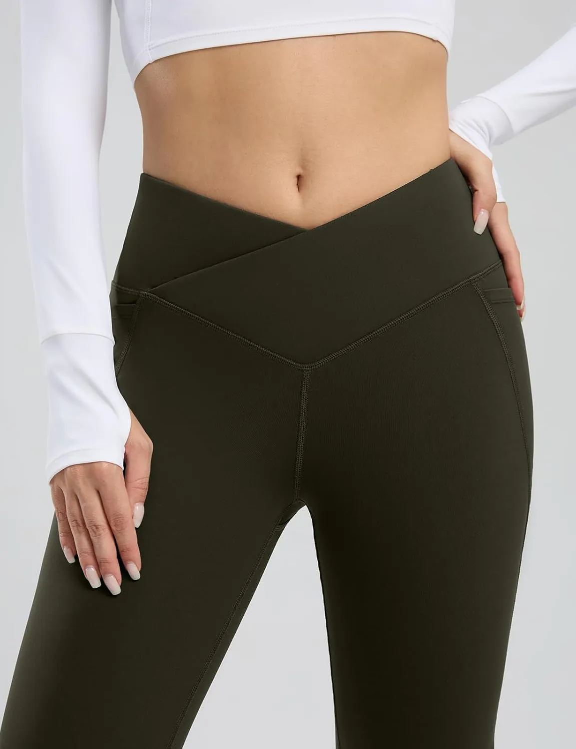 Seamaid Women's Fleece Lined Pants 30" Water Resistant Crossover Flare Leggings Winter Bell Bottom Yoga Pants with Pockets