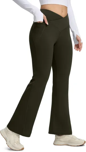 Seamaid Women's Fleece Lined Pants 30" Water Resistant Crossover Flare Leggings Winter Bell Bottom Yoga Pants with Pockets