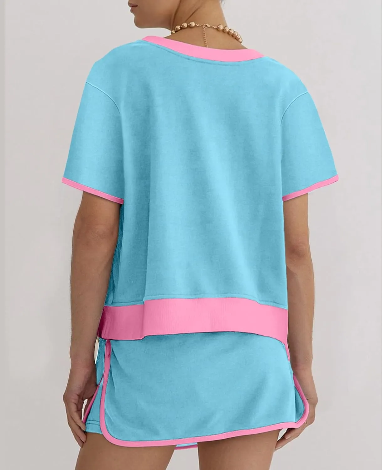 SELINK Lounge Sets for Women 2 Piece Skirt Colorblock Drop Shoulder T Shirt and Skort Set Summer Tracksuits