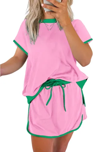 SELINK Lounge Sets for Women 2 Piece Skirt Colorblock Drop Shoulder T Shirt and Skort Set Summer Tracksuits