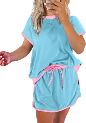 SELINK Lounge Sets for Women 2 Piece Skirt Colorblock Drop Shoulder T Shirt and Skort Set Summer Tracksuits