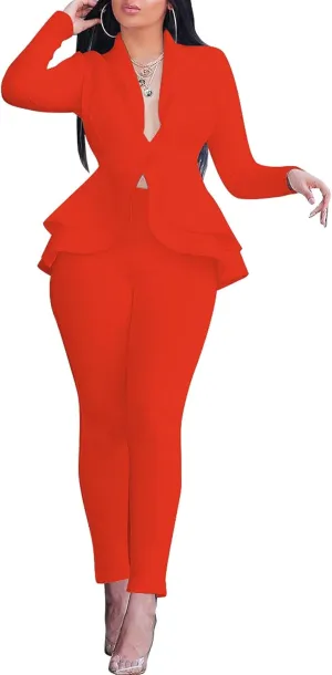 SEMATOMALA Women's Peplum Blazer Pencil Pant Set 2 Piece Casual Elegant Business Suit Solid Ruffle Jacket Bodycon Outfits
