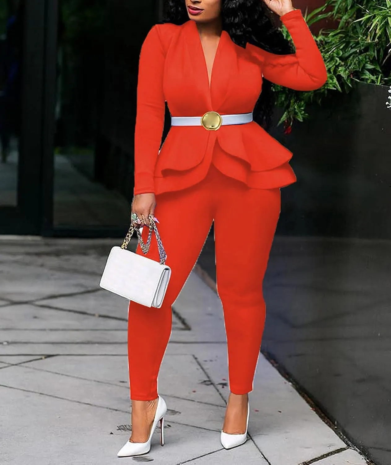 SEMATOMALA Women's Peplum Blazer Pencil Pant Set 2 Piece Casual Elegant Business Suit Solid Ruffle Jacket Bodycon Outfits