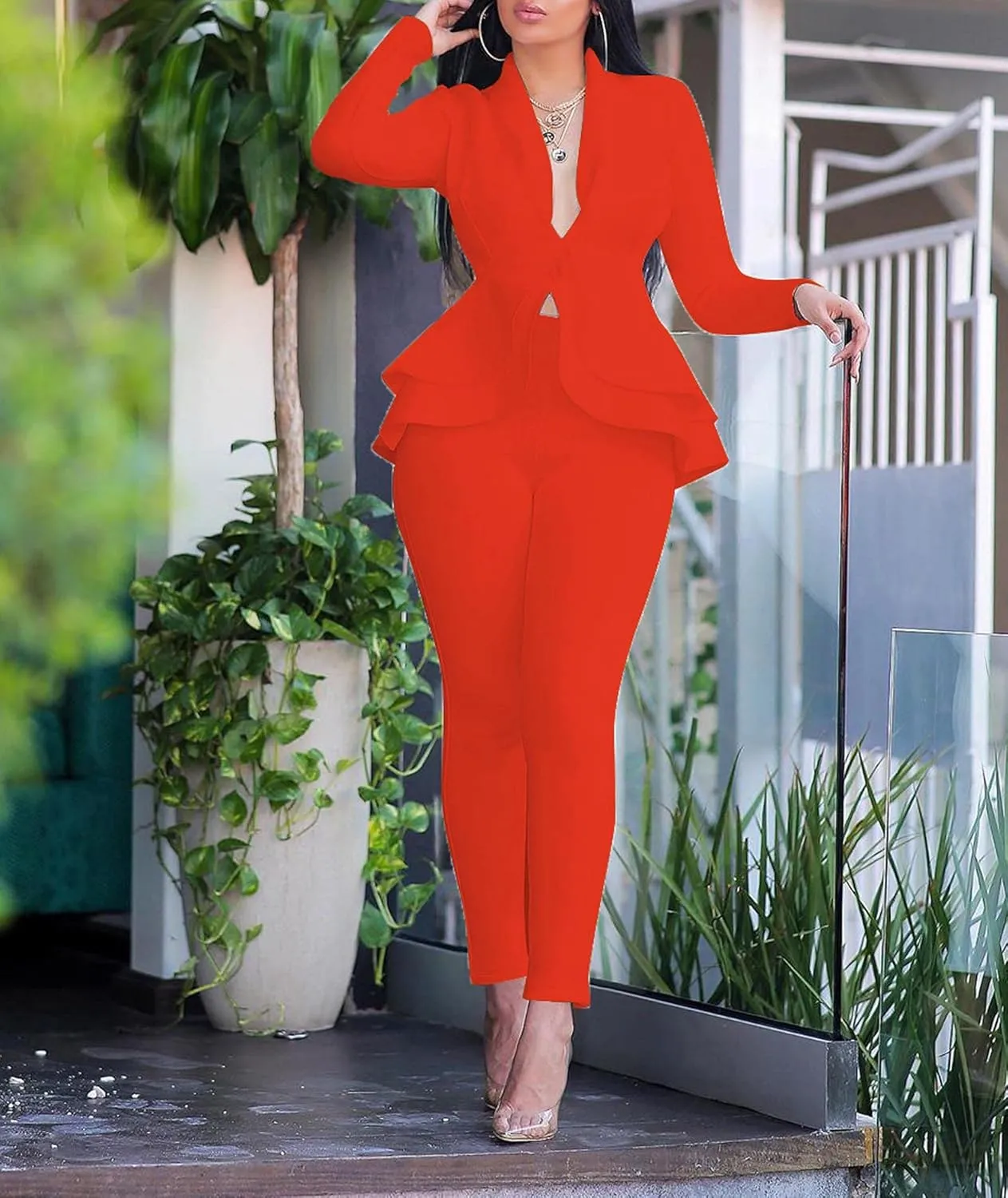 SEMATOMALA Women's Peplum Blazer Pencil Pant Set 2 Piece Casual Elegant Business Suit Solid Ruffle Jacket Bodycon Outfits