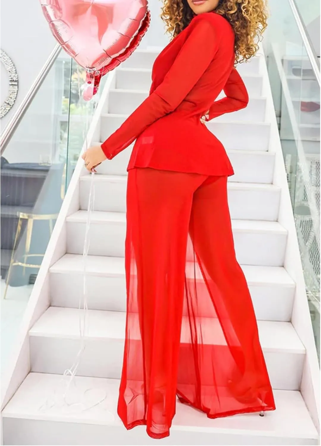 Sexy 2 Piece Outfits for Women Clubwear Mesh Lapel Blazer Top Slit Wide Leg Pants Set Birthday Outfits