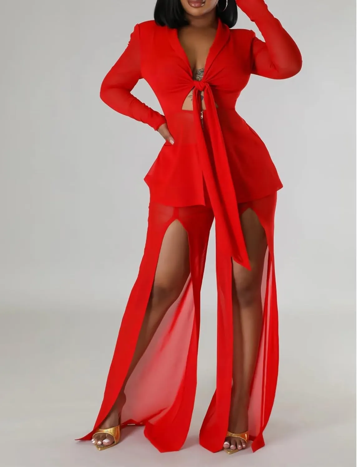 Sexy 2 Piece Outfits for Women Clubwear Mesh Lapel Blazer Top Slit Wide Leg Pants Set Birthday Outfits