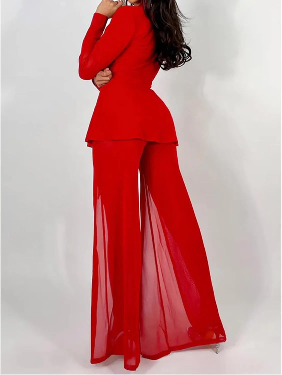 Sexy 2 Piece Outfits for Women Clubwear Mesh Lapel Blazer Top Slit Wide Leg Pants Set Birthday Outfits