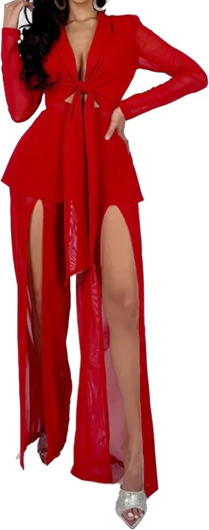 Sexy 2 Piece Outfits for Women Clubwear Mesh Lapel Blazer Top Slit Wide Leg Pants Set Birthday Outfits