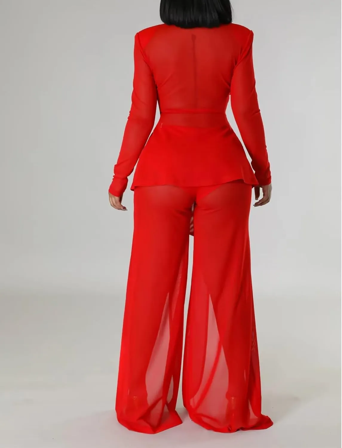 Sexy 2 Piece Outfits for Women Clubwear Mesh Lapel Blazer Top Slit Wide Leg Pants Set Birthday Outfits