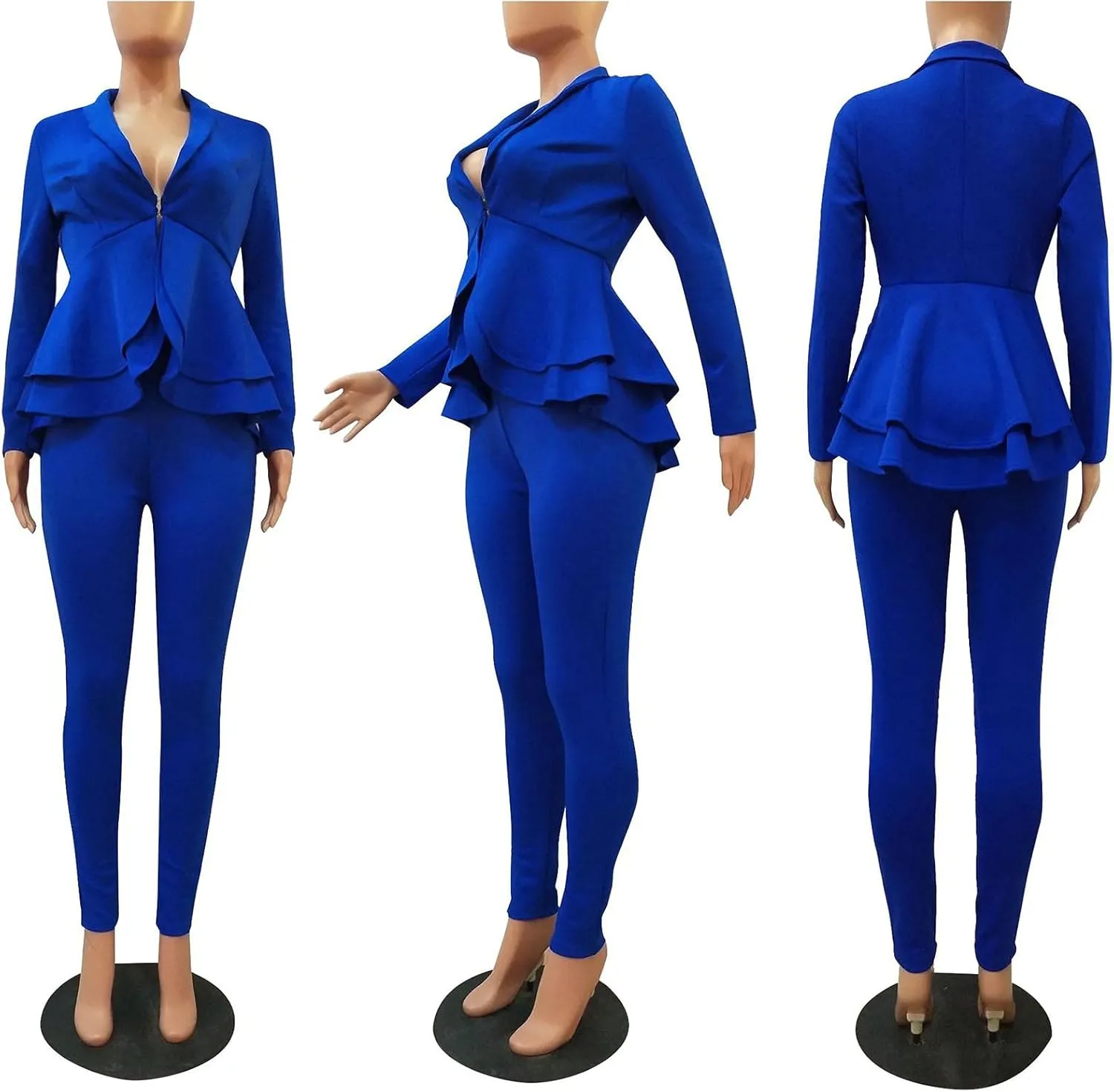 Sexyshine Women's 2 Piece Pants and Blazer Sets Long Sleeve Ruffle Hem Peplum Blazer and Bodycon Long Pants Outfits