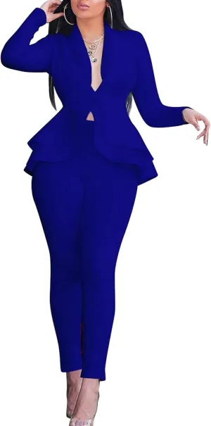 Sexyshine Women's 2 Piece Pants and Blazer Sets Long Sleeve Ruffle Hem Peplum Blazer and Bodycon Long Pants Outfits