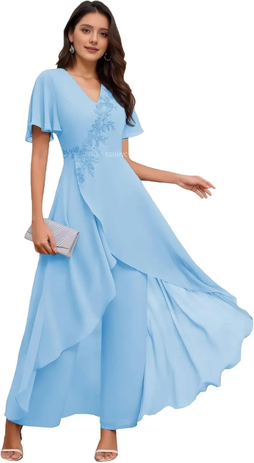 Sky Blue Wedding Pants Suits for Women Dressy Plus Size Lace 2 Pcs Mother of The Bride Dresses Short Sleeve Casual Pantsuits 18W