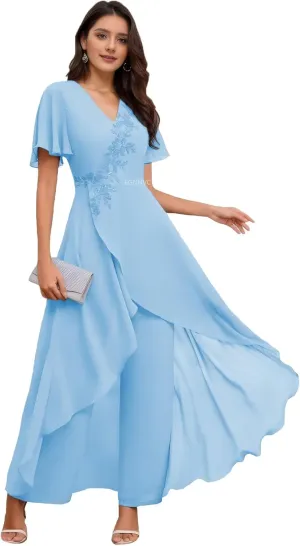 Sky Blue Wedding Pants Suits for Women Dressy Plus Size Lace 2 Pcs Mother of The Bride Dresses Short Sleeve Casual Pantsuits 18W