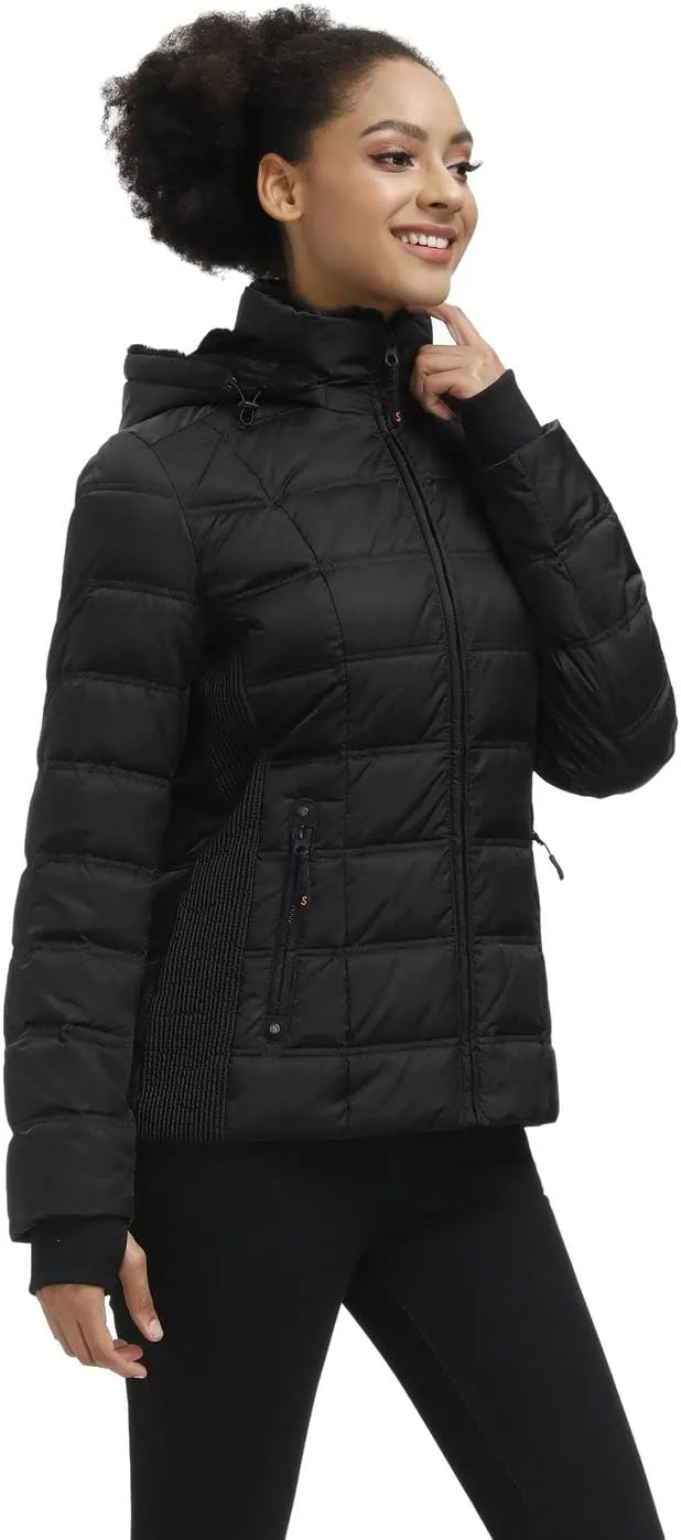 SLOW DOWN Women Down Puffer Jacket with Hood Hooded Winter Down Puffer Coat for Women with Faux-Fur Hood & Collar