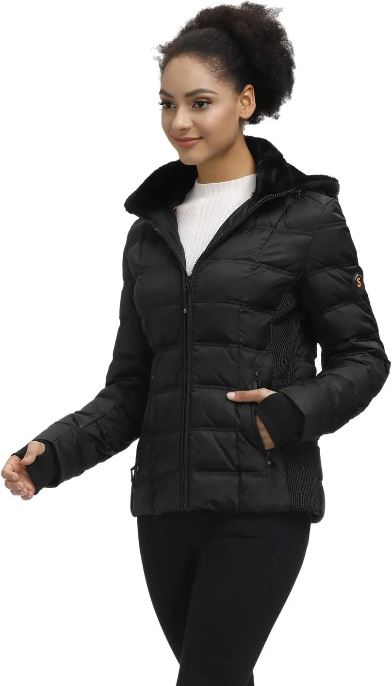 SLOW DOWN Women Down Puffer Jacket with Hood Hooded Winter Down Puffer Coat for Women with Faux-Fur Hood & Collar